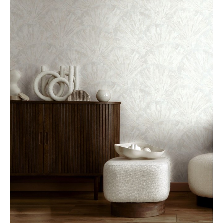 Papel pintado abanicos al óleo texturizado tonos blanco y gris - Bellagio Gilded 684886