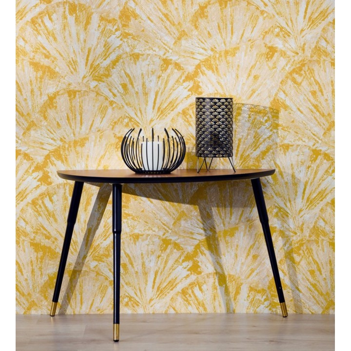 Papel pintado abanicos al óleo texturizado tonos amarillo mostaza - Bellagio Gilded 684887