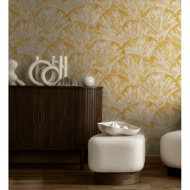 Papel pintado abanicos al óleo texturizado tonos amarillo mostaza - Bellagio Gilded 684887