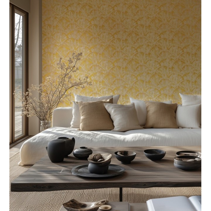 Papel pintado abanicos al óleo texturizado tonos amarillo mostaza - Bellagio Gilded 684887