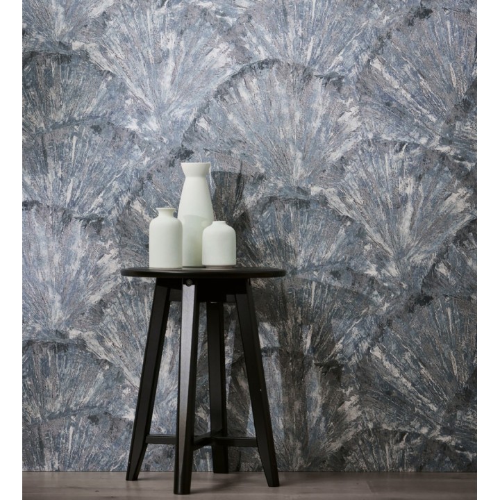 Papel pintado abanicos al óleo texturizado tonos azul oscuro - Bellagio Gilded 684888