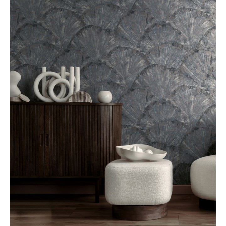 Papel pintado abanicos al óleo texturizado tonos azul oscuro - Bellagio Gilded 684888