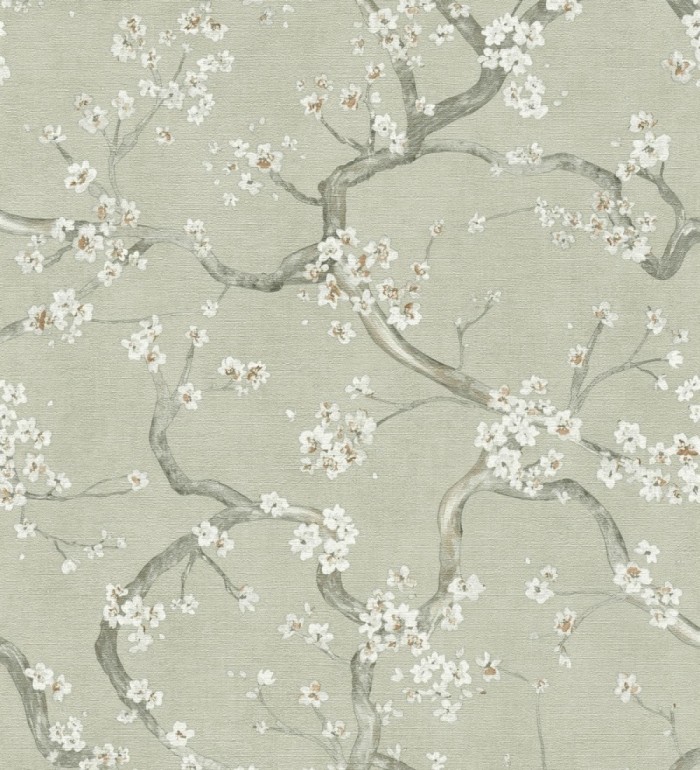 Papel pintado flores blancas fondo texturizado tonos verde celadón - Katsura Elegant 684889