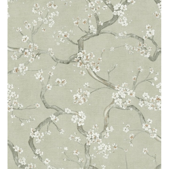 Papel pintado flores blancas fondo texturizado tonos verde celadón - Katsura Elegant 684889