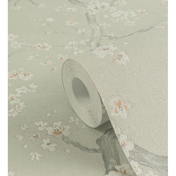 Papel pintado flores blancas fondo texturizado tonos verde celadón - Katsura Elegant 684889