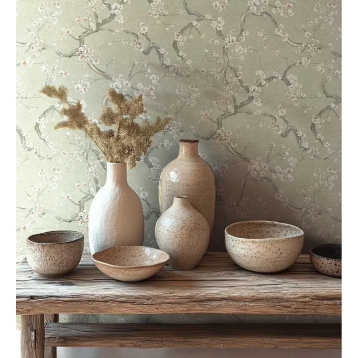 Papel pintado flores blancas fondo texturizado tonos verde celadón - Katsura Elegant 684889