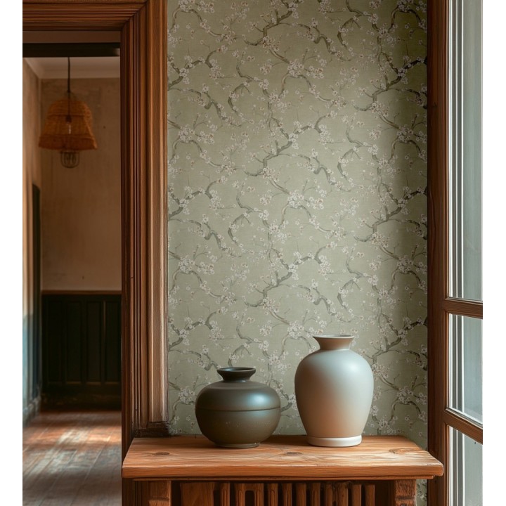 Papel pintado flores blancas fondo texturizado tonos verde celadón - Katsura Elegant 684889