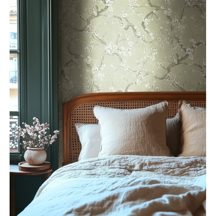 Papel pintado flores blancas fondo texturizado tonos verde celadón - Katsura Elegant 684889