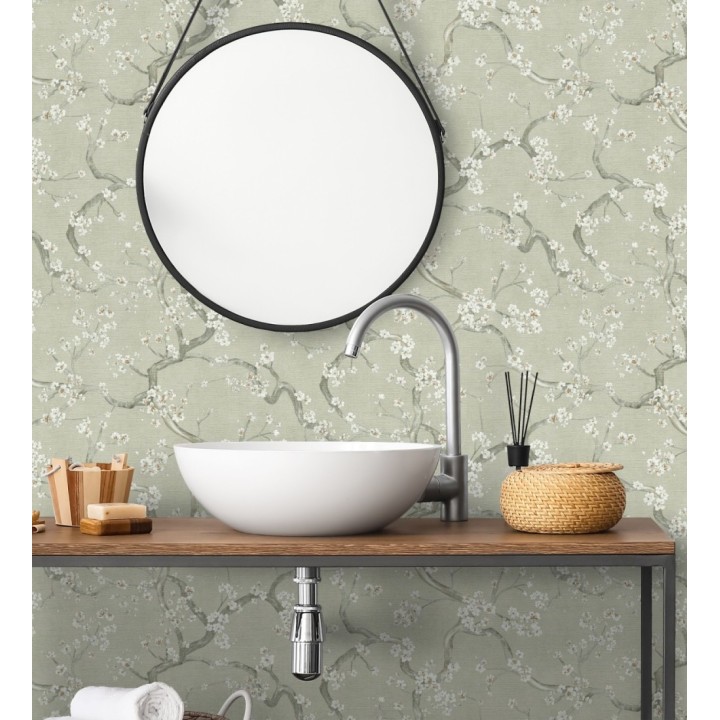 Papel pintado flores blancas fondo texturizado tonos verde celadón - Katsura Elegant 684889