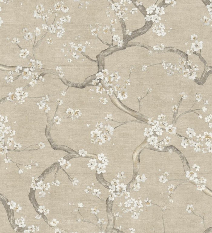 Papel pintado flores blancas fondo texturizado tonos beige tostado - Katsura Elegant 684890
