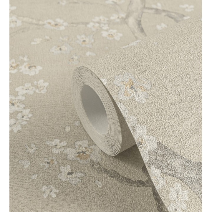 Papel pintado flores blancas fondo texturizado tonos beige tostado - Katsura Elegant 684890