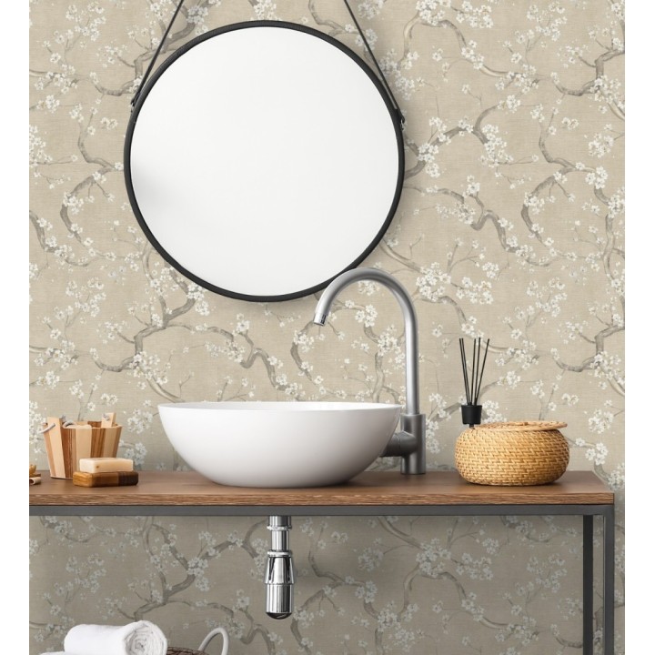 Papel pintado flores blancas fondo texturizado tonos beige tostado - Katsura Elegant 684890