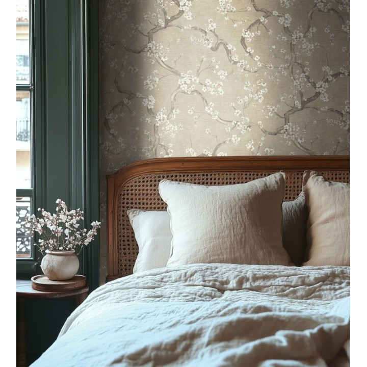 Papel pintado flores blancas fondo texturizado tonos beige tostado - Katsura Elegant 684890