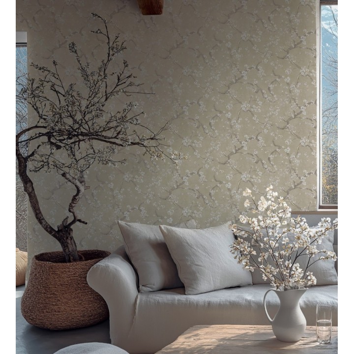 Papel pintado flores blancas fondo texturizado tonos beige tostado - Katsura Elegant 684890