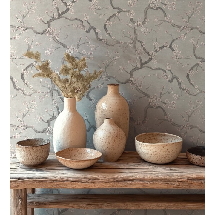 Papel pintado flores blancas fondo texturizado tonos grises - Katsura Elegant 684891