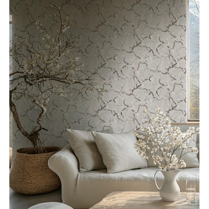 Papel pintado flores blancas fondo texturizado tonos grises - Katsura Elegant 684891