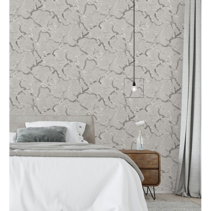Papel pintado flores blancas fondo texturizado tonos grises - Katsura Elegant 684891
