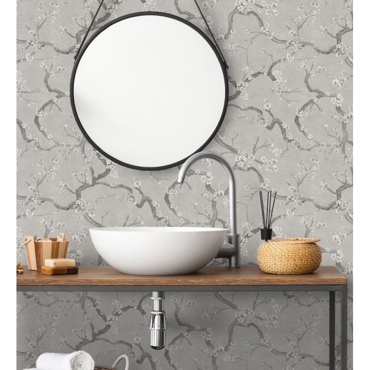 Papel pintado flores blancas fondo texturizado tonos grises - Katsura Elegant 684891