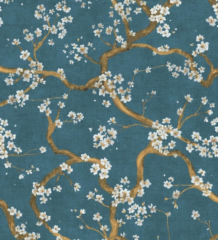 Papel pintado flores blancas fondo texturizado tonos azul turquesa - Katsura Elegant 684892