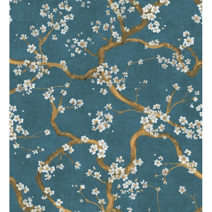 Papel pintado flores blancas fondo texturizado tonos azul turquesa - Katsura Elegant 684892