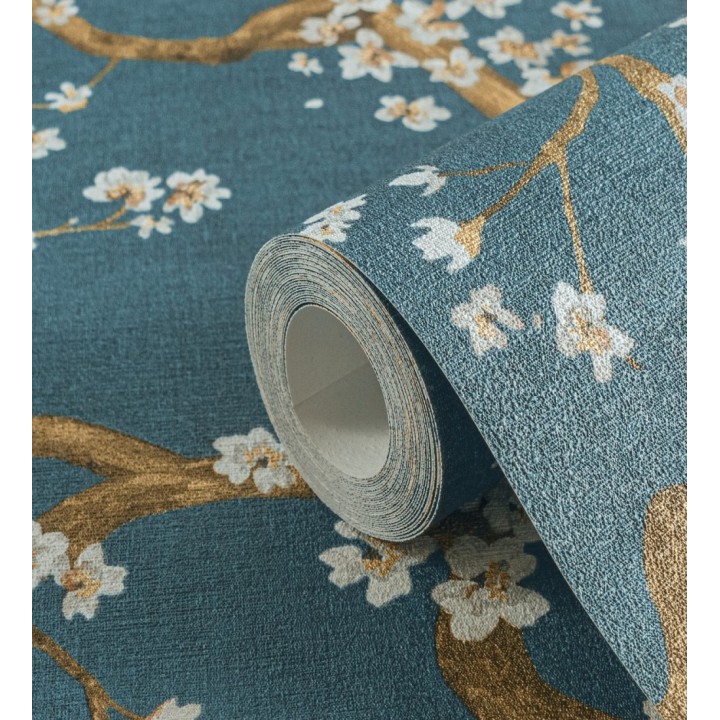 Papel pintado flores blancas fondo texturizado tonos azul turquesa - Katsura Elegant 684892