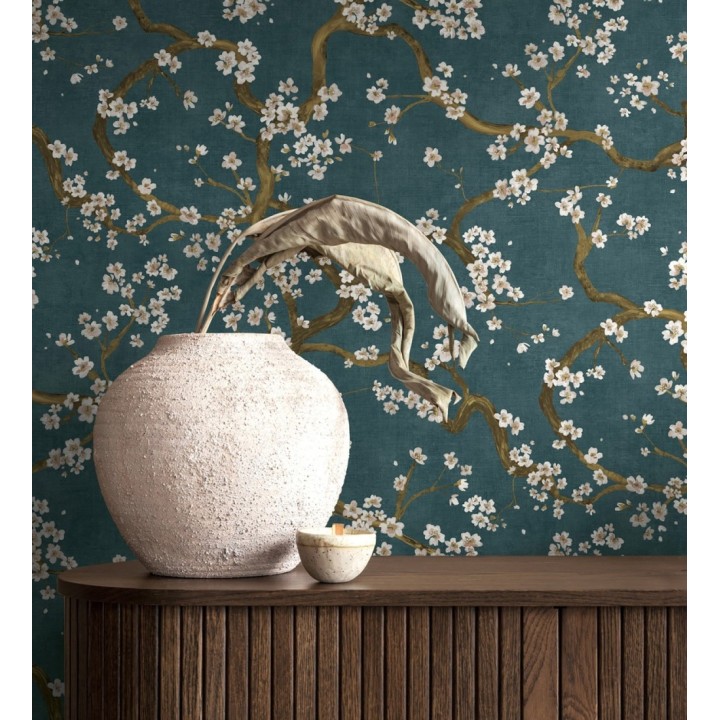 Papel pintado flores blancas fondo texturizado tonos azul turquesa - Katsura Elegant 684892