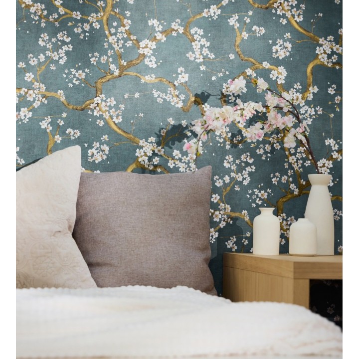 Papel pintado flores blancas fondo texturizado tonos azul turquesa - Katsura Elegant 684892