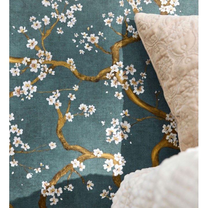 Papel pintado flores blancas fondo texturizado tonos azul turquesa - Katsura Elegant 684892
