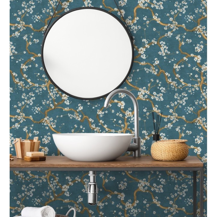 Papel pintado flores blancas fondo texturizado tonos azul turquesa - Katsura Elegant 684892