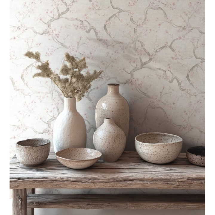 Papel pintado flores rosa y blanco fondo texturizado tonos blanco - Katsura Elegant 684893