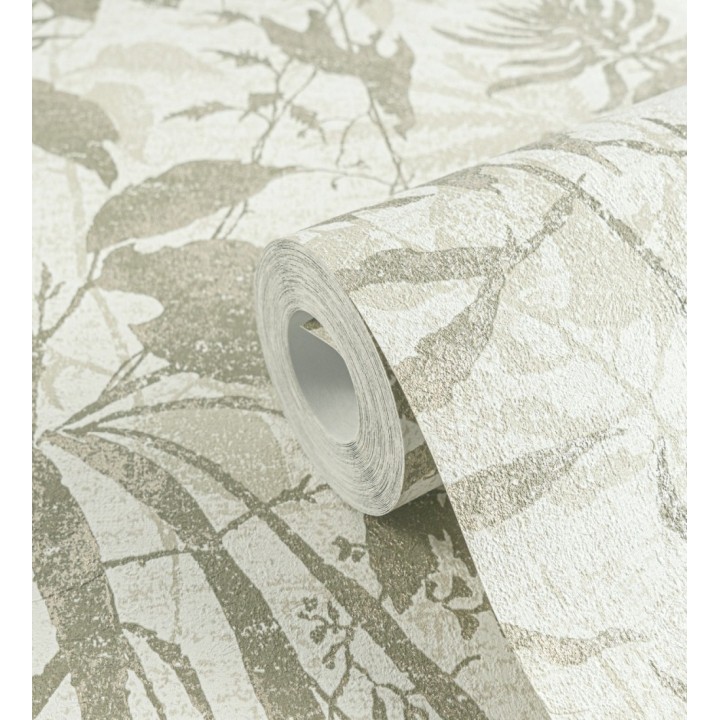 Papel pintado selva vintage de hojas verdes fondo blanco roto - Hibiscus Radiant 684894