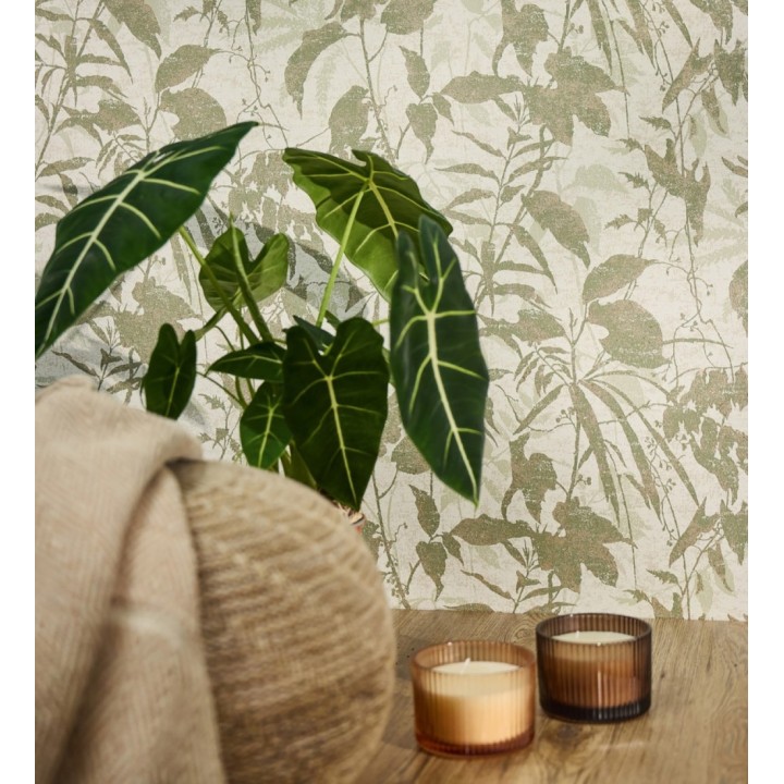 Papel pintado selva vintage de hojas verdes fondo blanco roto - Hibiscus Radiant 684894