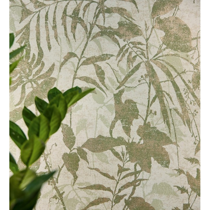 Papel pintado selva vintage de hojas verdes fondo blanco roto - Hibiscus Radiant 684894