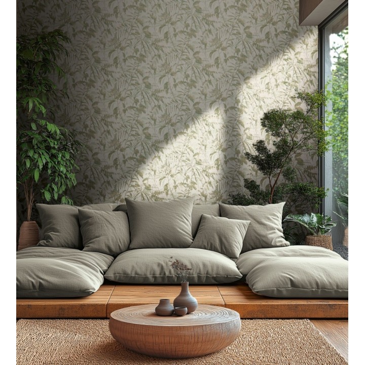 Papel pintado selva vintage de hojas verdes fondo blanco roto - Hibiscus Radiant 684894