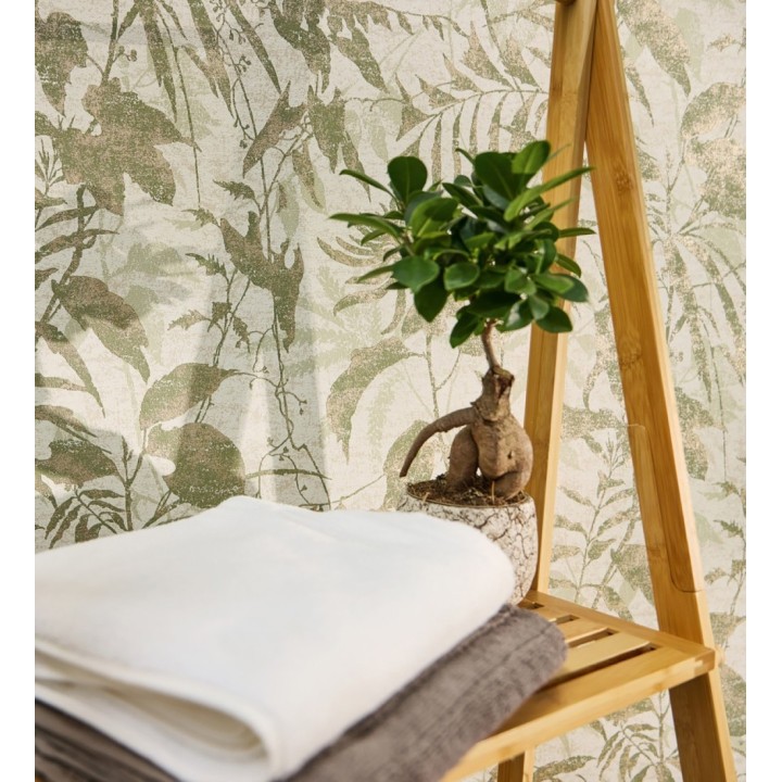 Papel pintado selva vintage de hojas verdes fondo blanco roto - Hibiscus Radiant 684894