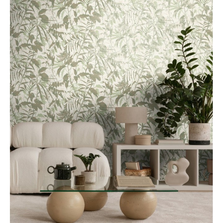 Papel pintado selva vintage de hojas verdes fondo blanco roto - Hibiscus Radiant 684894