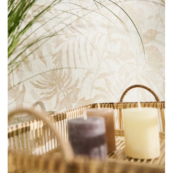 Papel pintado selva vintage de hojas beige fondo blanco roto - Hibiscus Radiant 684895