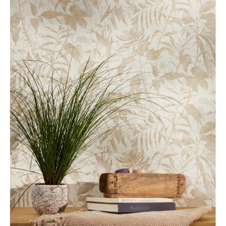 Papel pintado selva vintage de hojas beige fondo blanco roto - Hibiscus Radiant 684895