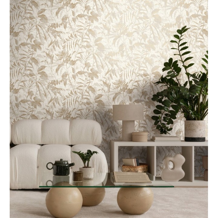 Papel pintado selva vintage de hojas beige fondo blanco roto - Hibiscus Radiant 684895