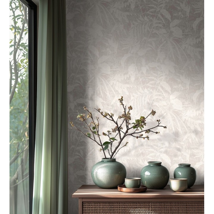 Papel pintado selva vintage de hojas blancas fondo gris claro - Hibiscus Radiant 684896