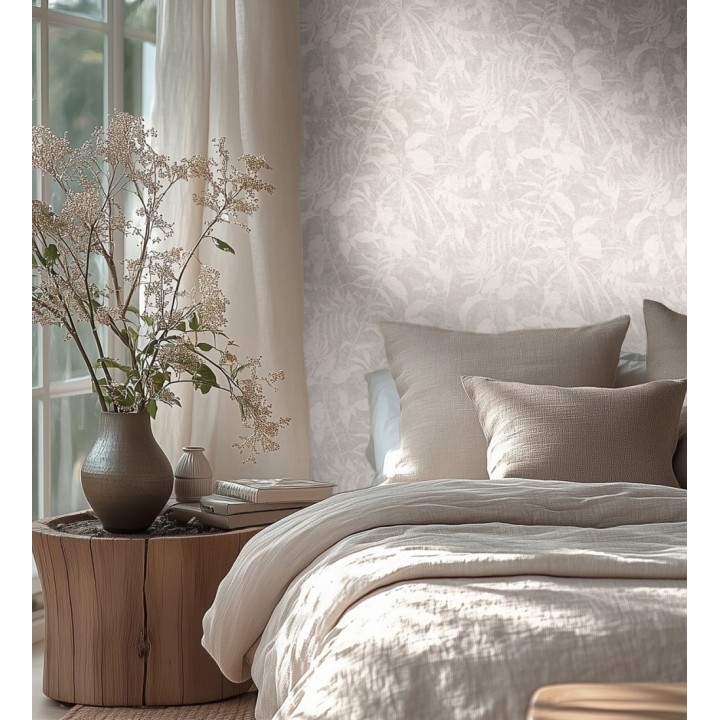 Papel pintado selva vintage de hojas blancas fondo gris claro - Hibiscus Radiant 684896