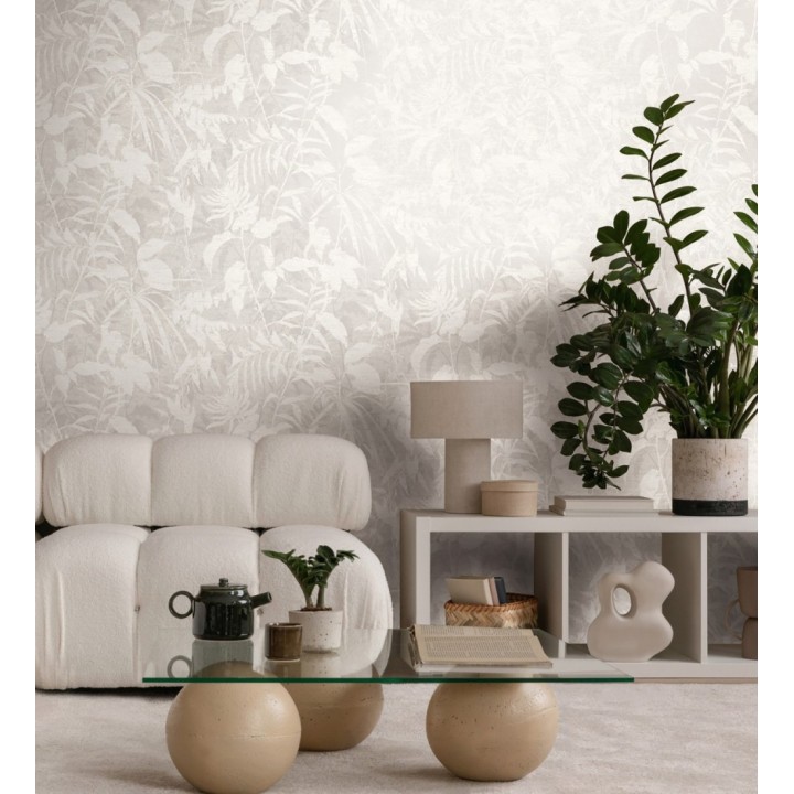 Papel pintado selva vintage de hojas blancas fondo gris claro - Hibiscus Radiant 684896