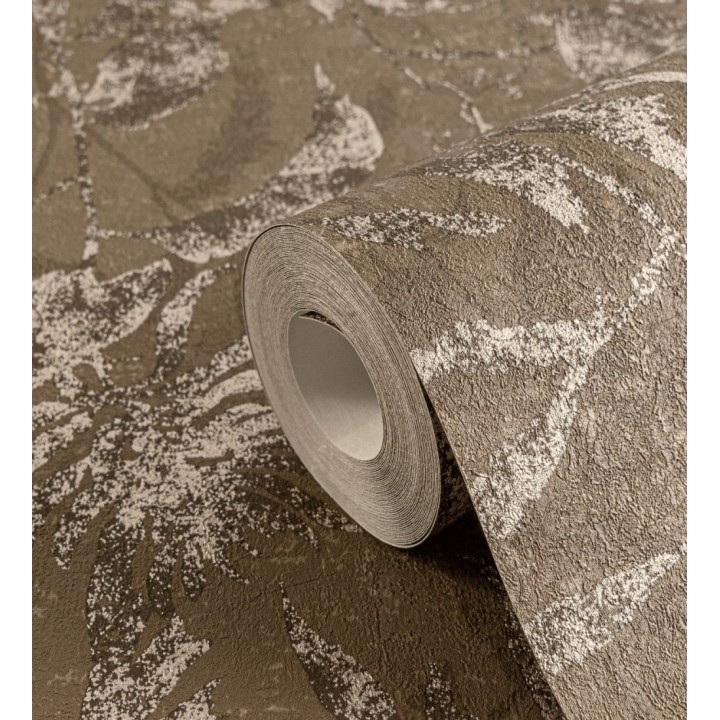 Papel pintado selva vintage de hojas cobre fondo marrón pardo - Hibiscus Radiant 684897