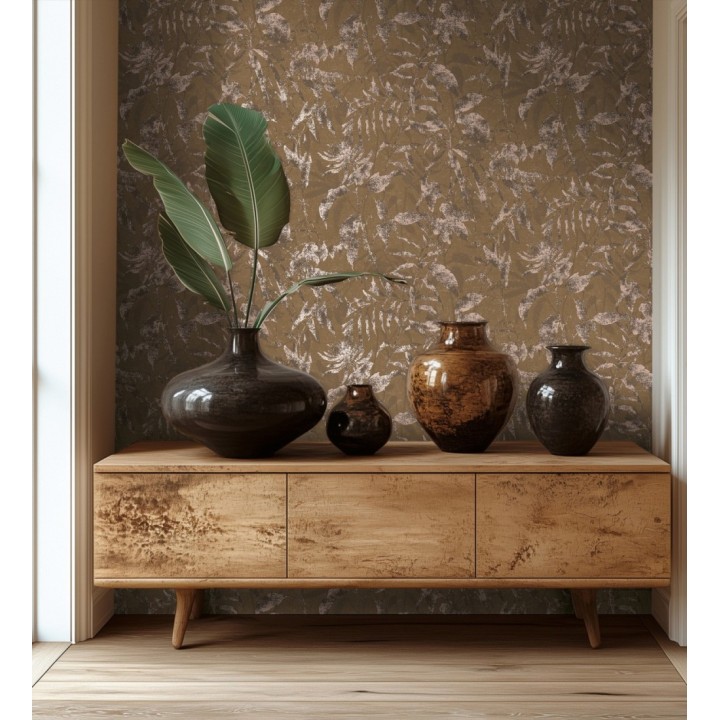 Papel pintado selva vintage de hojas cobre fondo marrón pardo - Hibiscus Radiant 684897