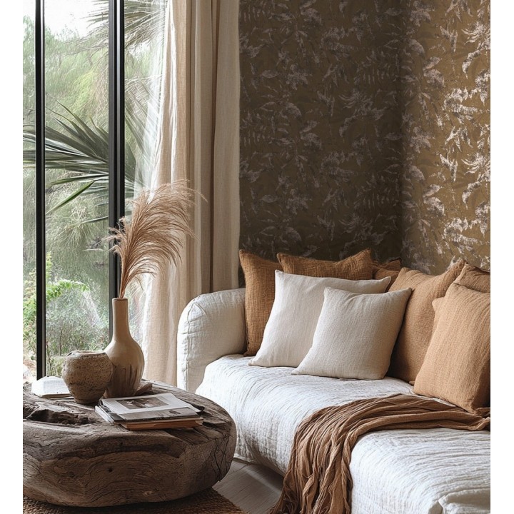 Papel pintado selva vintage de hojas cobre fondo marrón pardo - Hibiscus Radiant 684897