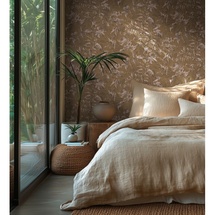 Papel pintado selva vintage de hojas cobre fondo marrón pardo - Hibiscus Radiant 684897