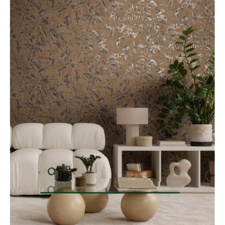 Papel pintado selva vintage de hojas cobre fondo marrón pardo - Hibiscus Radiant 684897