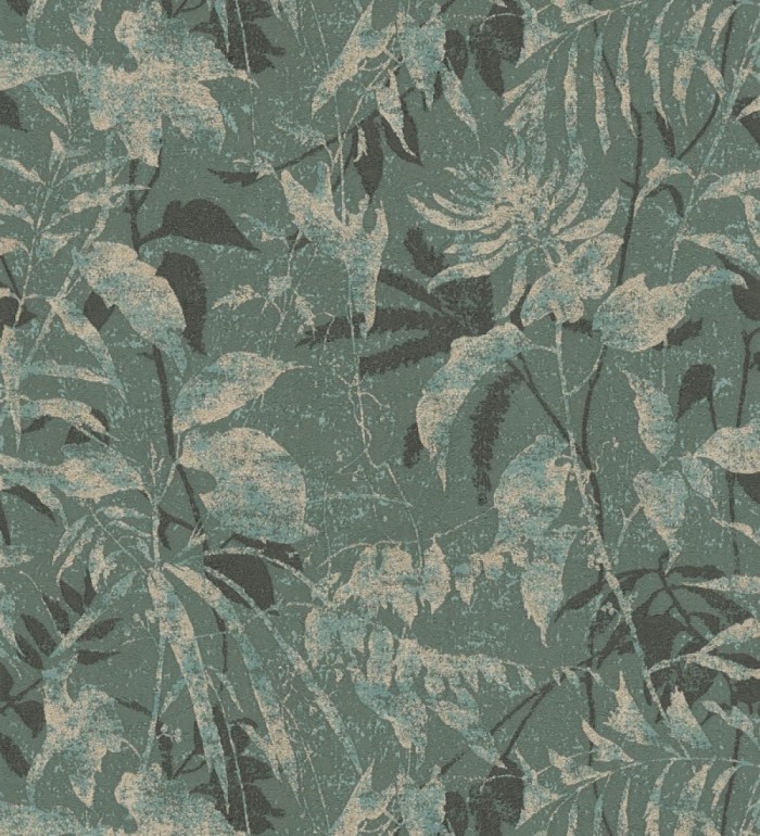 Papel pintado selva vintage de hojas oro fondo verde oscuro - Hibiscus Radiant 684898
