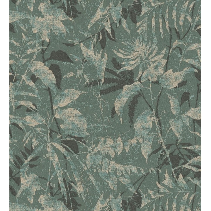 Papel pintado selva vintage de hojas oro fondo verde oscuro - Hibiscus Radiant 684898