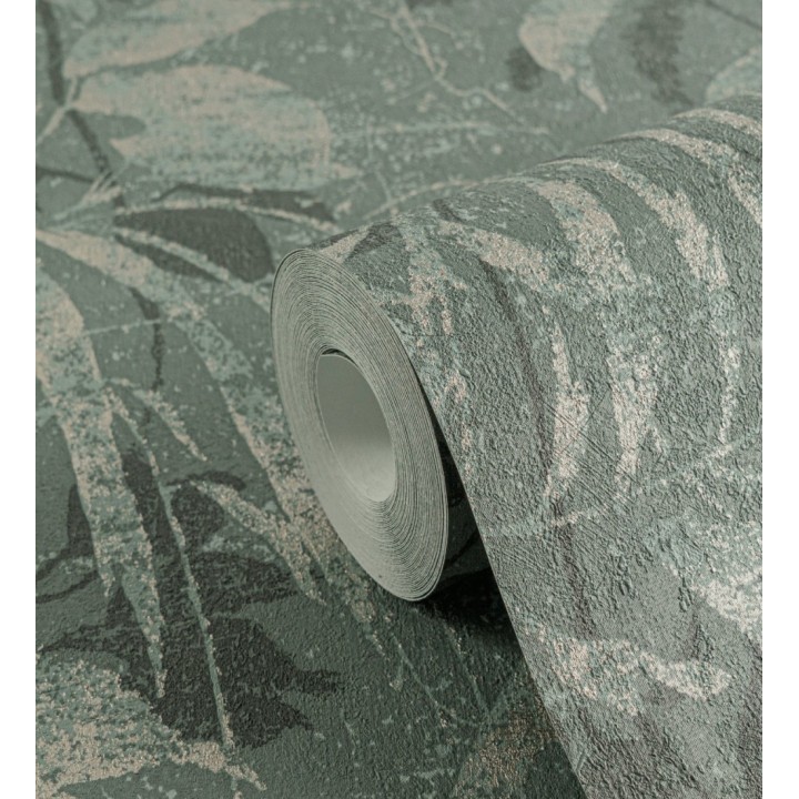 Papel pintado selva vintage de hojas oro fondo verde oscuro - Hibiscus Radiant 684898